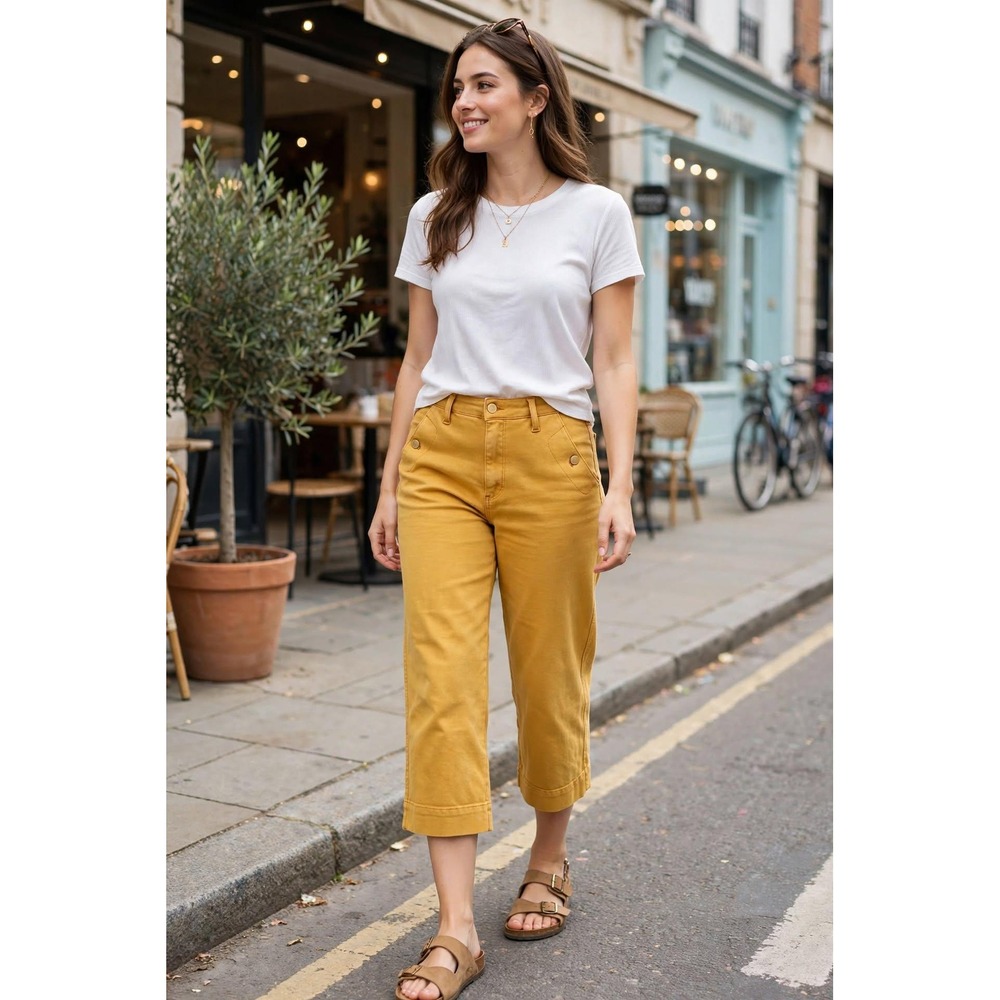 Judy Blue Womens 15/32 Capri Wide Leg Jeans Solid Mustard Yellow